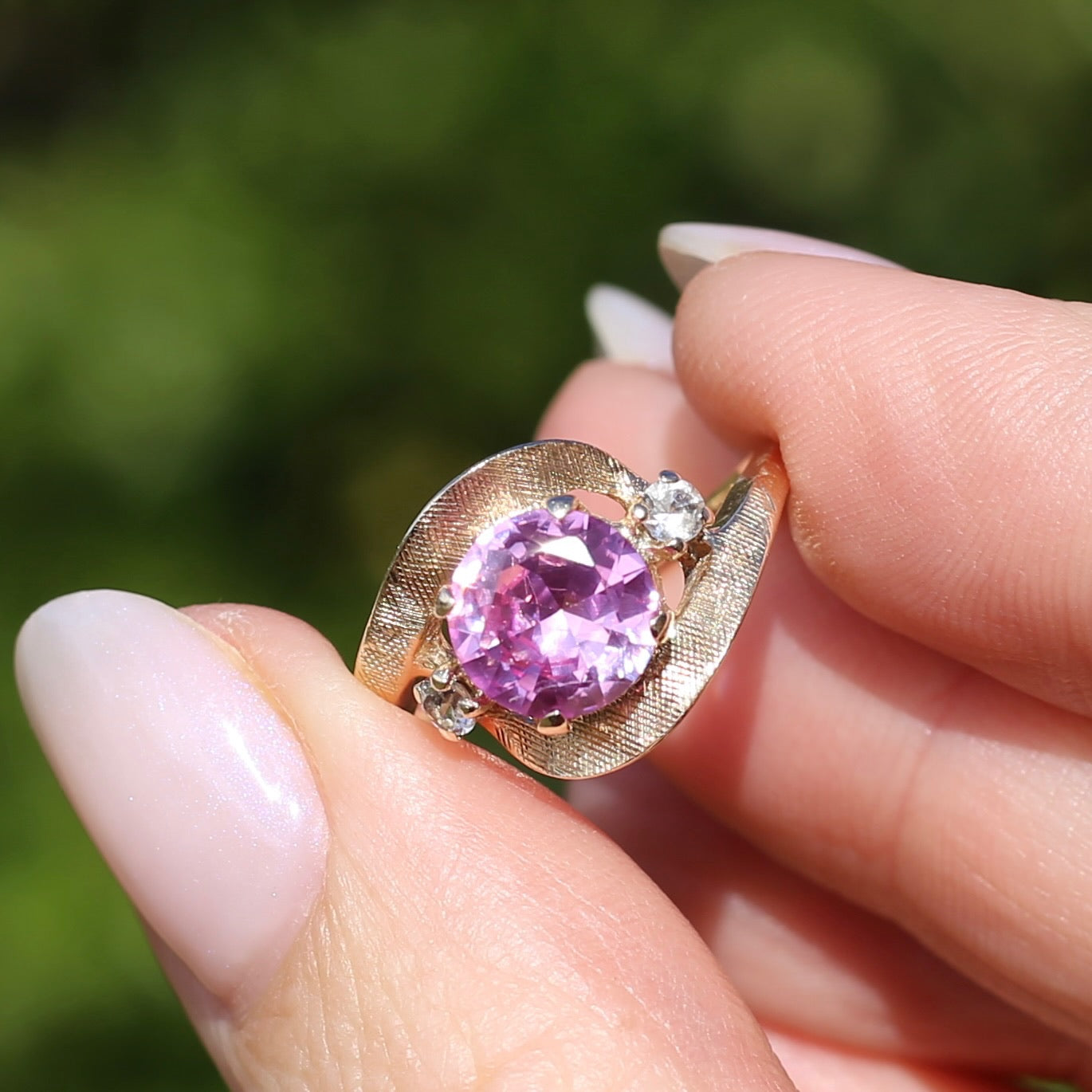 Asymmetric Pink Sapphire and White Spinel Dress Ring, 10ct Yellow Gold, size  N or 6.75