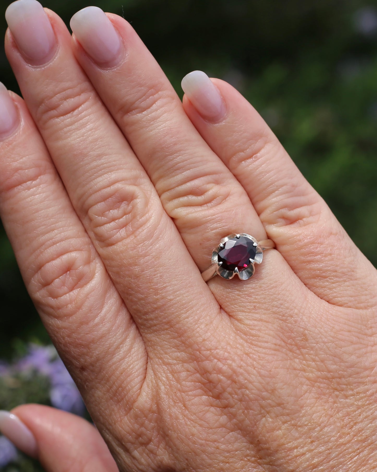 On HOLD Vintique Rhodolite Garnet Belcher Ring, Sterling Silver, size O1/2 or 7.5, 2.44g