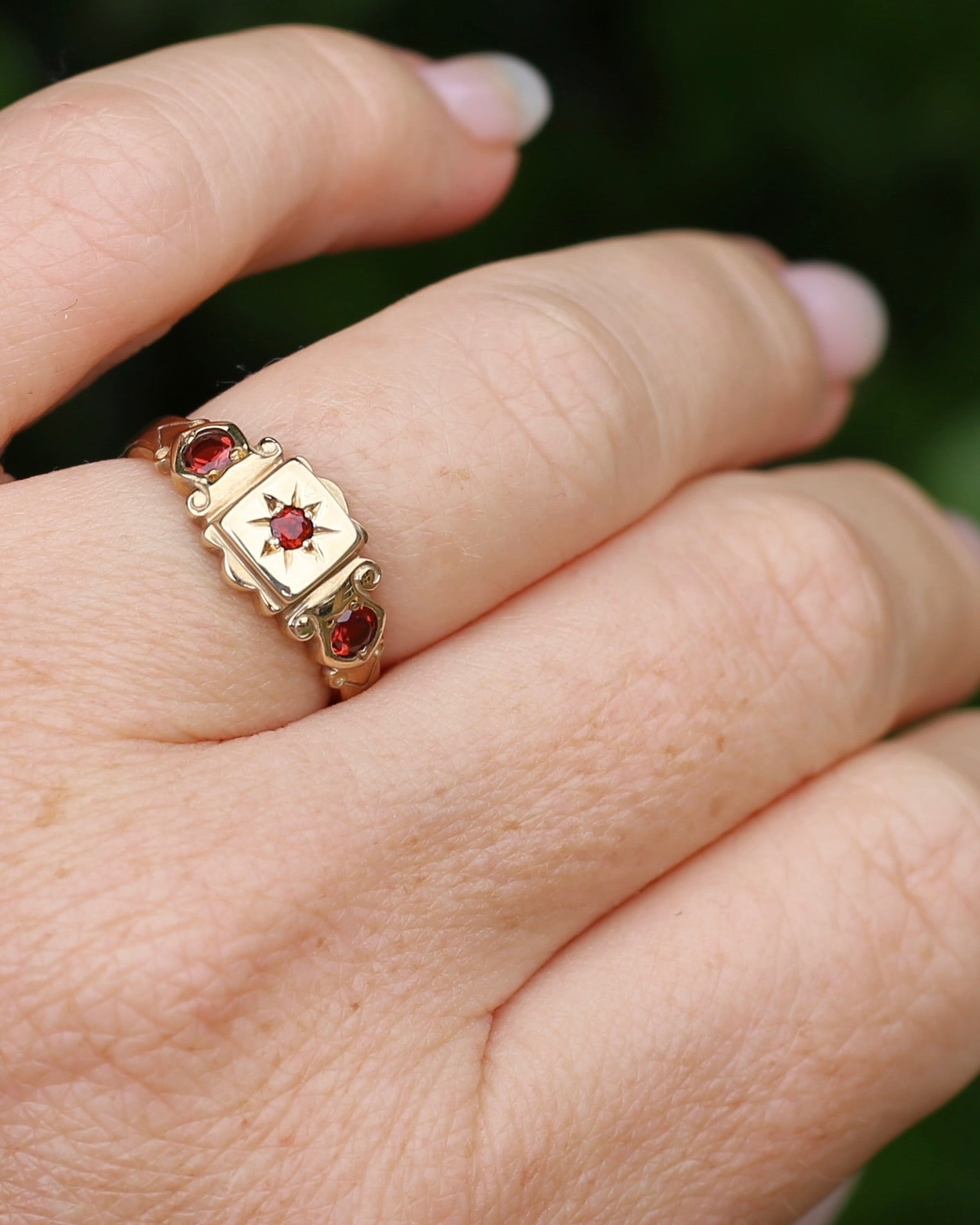 Victorian Revival Garnet Trilogy Star Set Ring, 9ct Yellow Gold, size O1/2 or just over 7.25