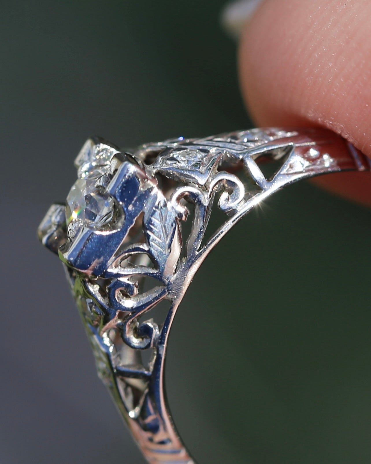0.188ct Old Cut Diamond Solitaire, 18ct White Gold Filigree, size L or 5.75, 2.0g