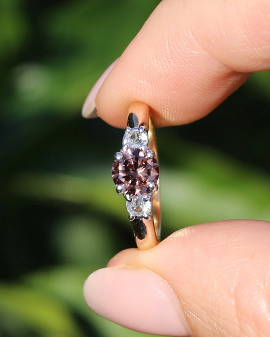 1.31ct Natural Caramel Zircon and Old Cut White Zircon Trilogy Ring, 9ct Gold, size N1/2 or just under 7, 3.72g
