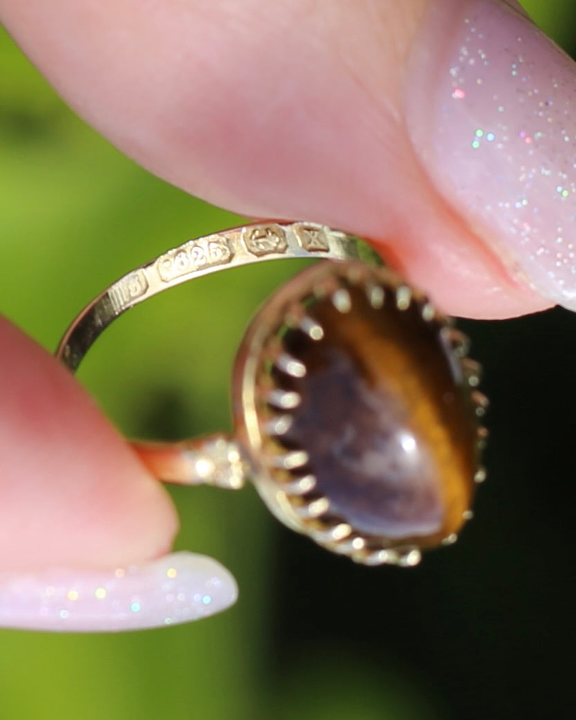 Second Glance - Antique Birmingham Made 1922 Tiger Eye Cabochon Ring, 15ct Yellow Gold, size I or 4.25, 2.27g