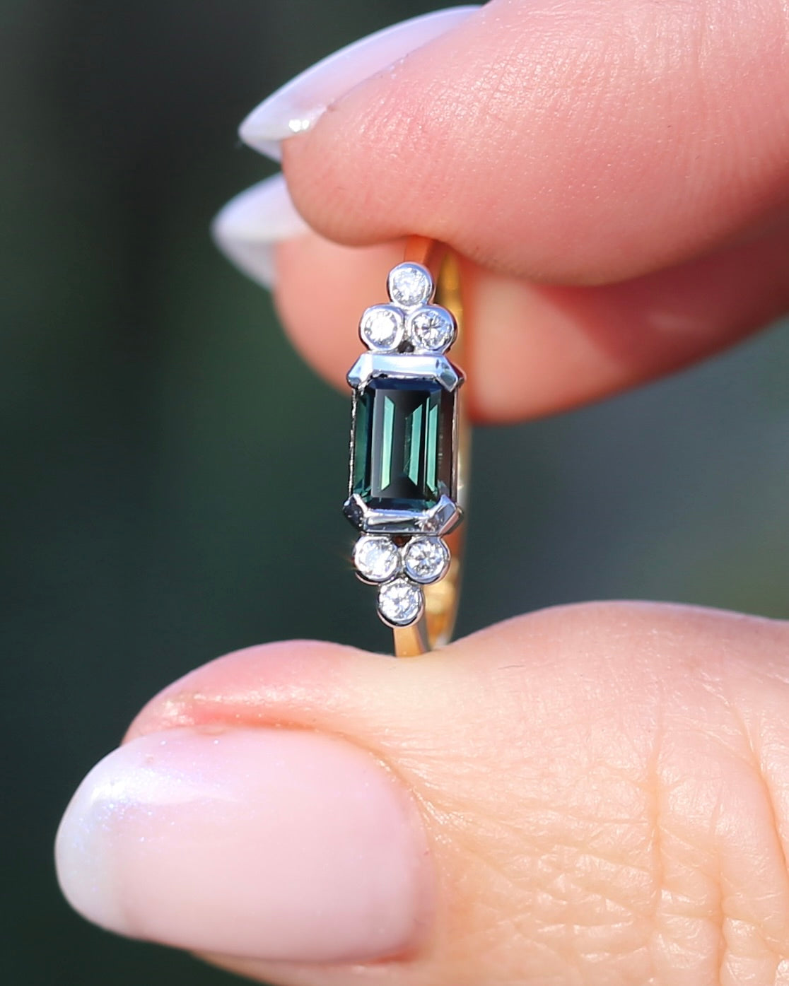 Vintage East West Set Natural Sapphire and Diamond Ring, 18ct Yellow and White Gold, size O or 7.25, 3.36g, with valuation