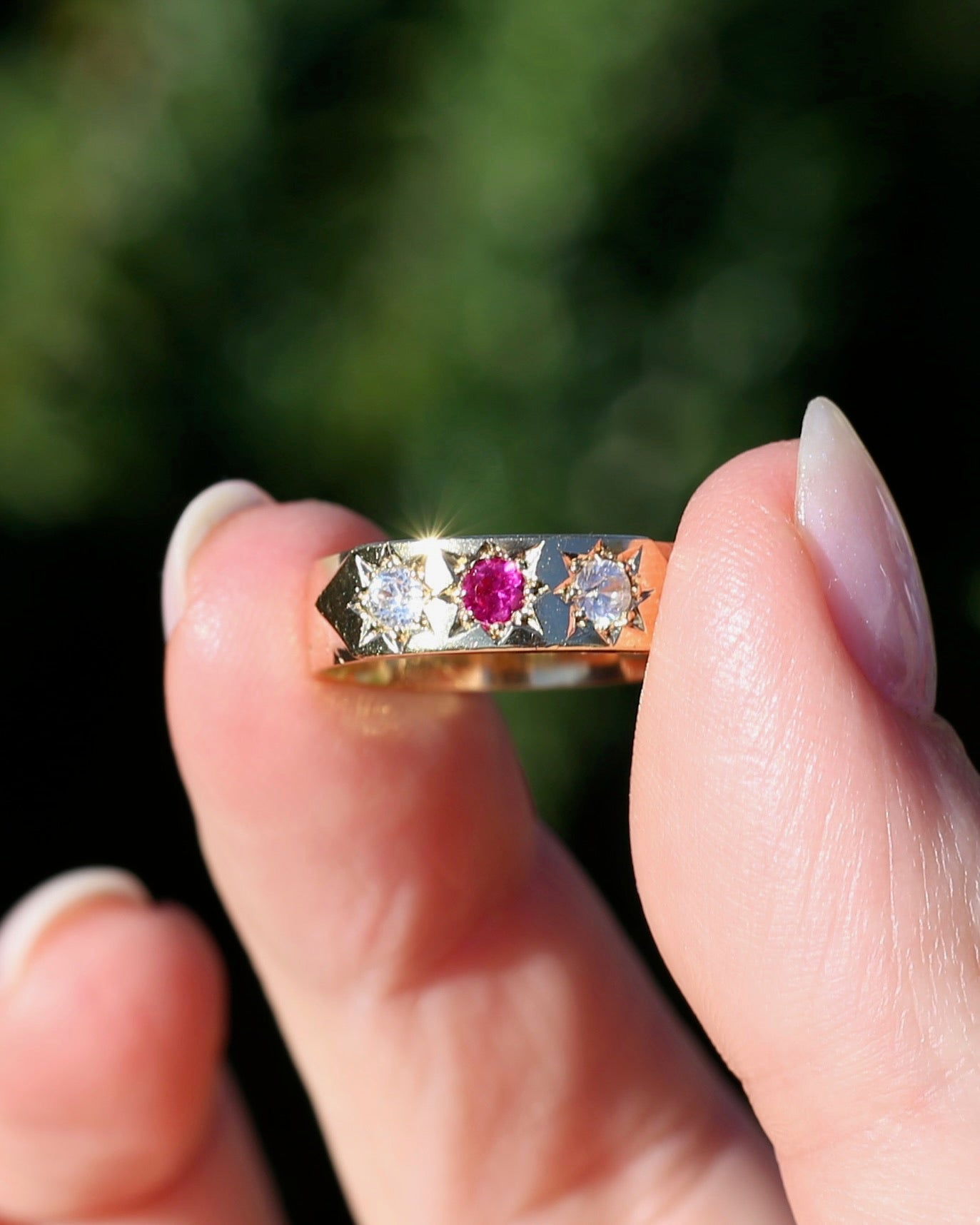 1873 15ct Band with 18ct Trilogy Old Cut Star Set Addition, 15 & 18ct Gold, size R1/2 or 8.75 (fits slightly smaller)