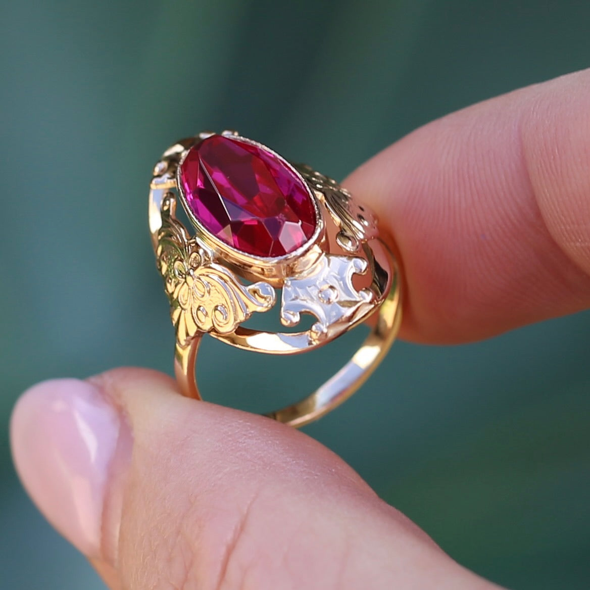 Mid Century Russian Oval Synthetic Ruby in Rosey Gold Floral Setting, 14ct Old Rosey Gold, size N1/2 or 7