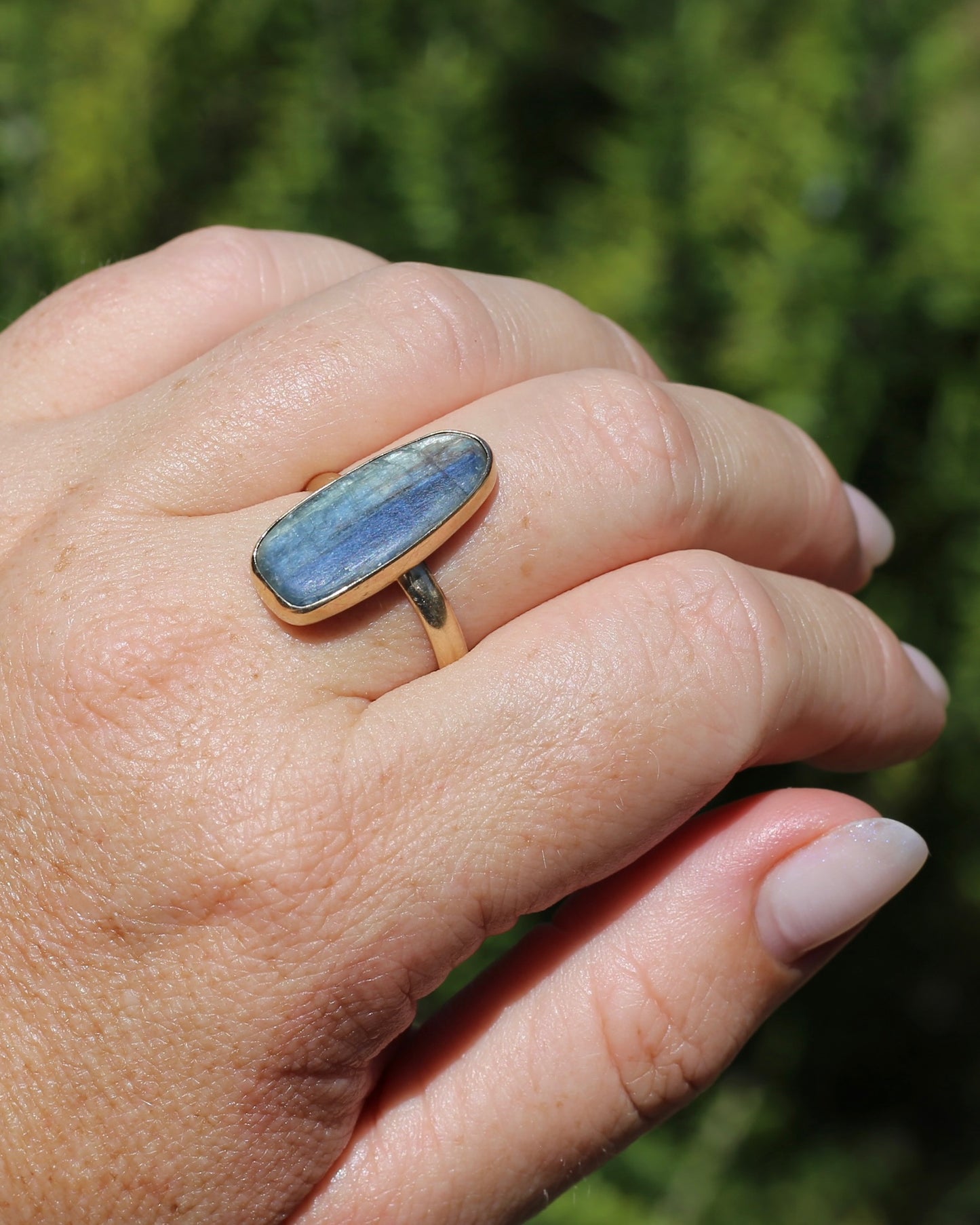 Rustic Freeform Labradorite Cabochon in Bezel Setting, 9ct Yellow Gold, size X1/2 or 11.75