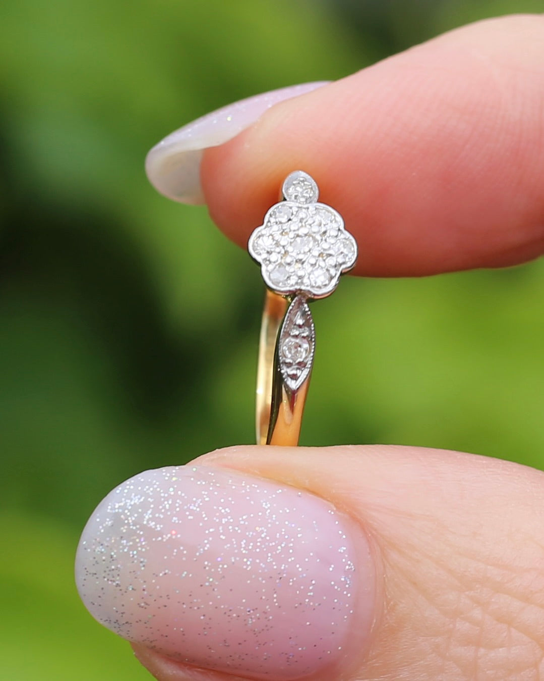 Circa 1930s Single Cut Daisy Cluster, 18ct Yellow Gold and Platinum, size M1/2 or 6.5, 2.2g