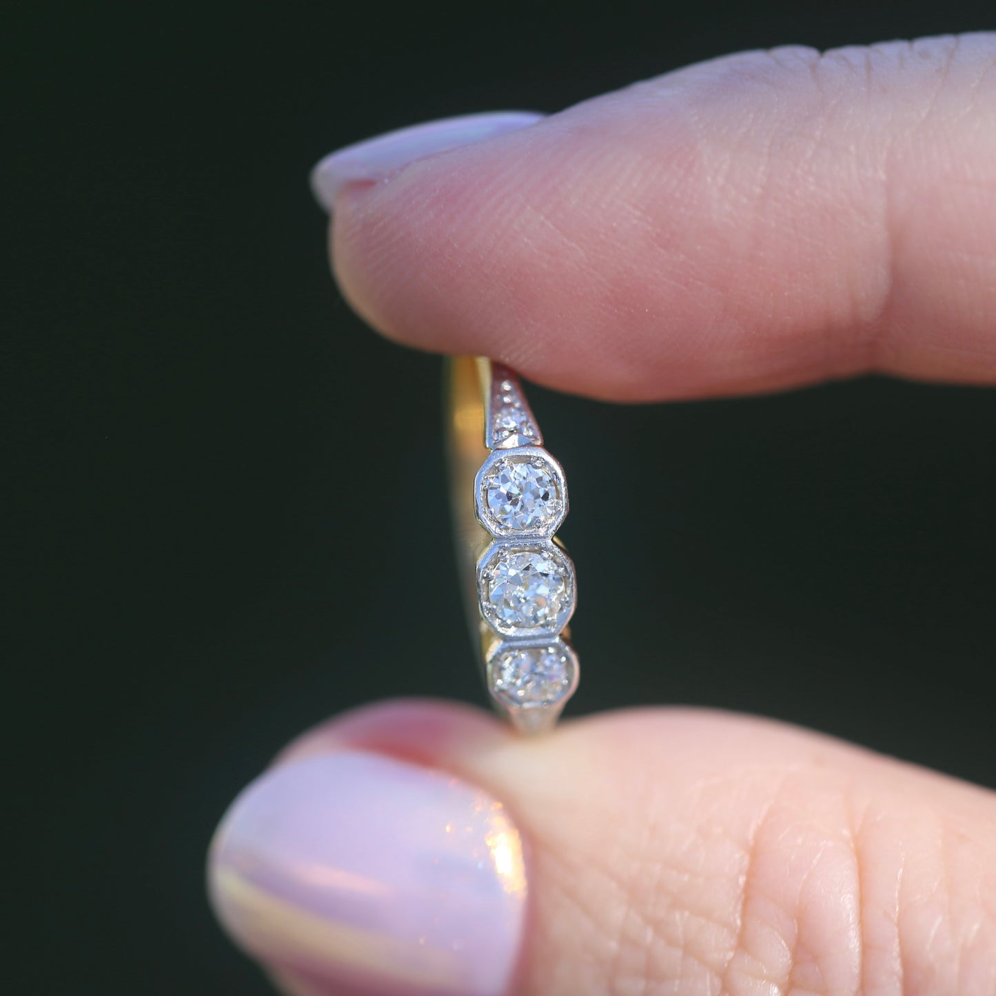 1930s Old and Transitional Cut Diamond Trilogy, 18ct Yellow and White Gold, size N or 6.75