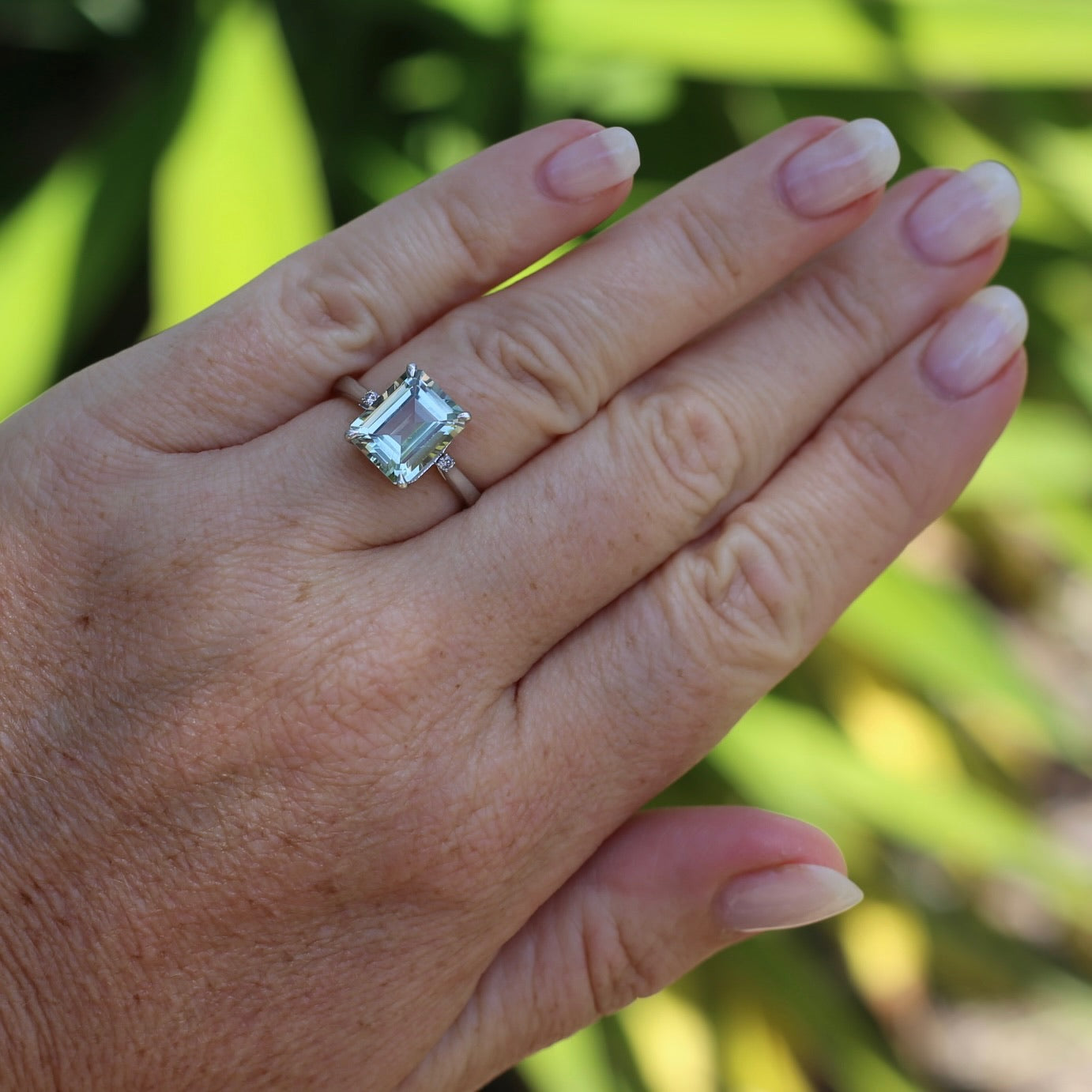 Emerald Cut Prasiolite and Diamond Ring, 9ct White Gold, size P or 7.75