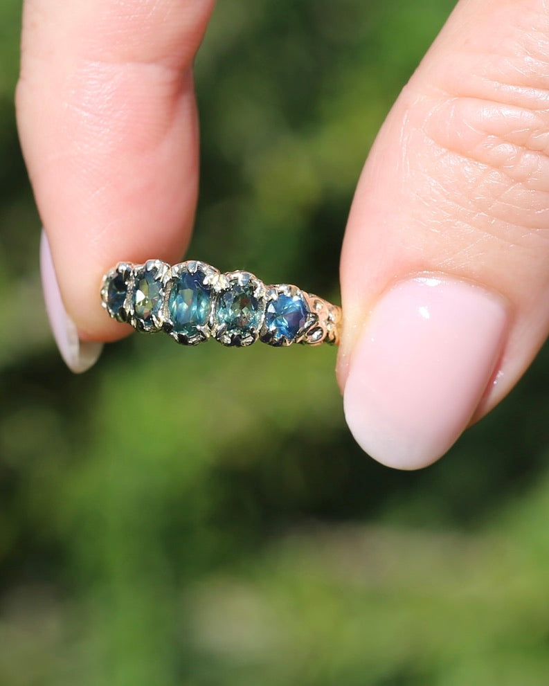 2.08ct Parti Sapphire Five Stone Ring,London Made 1989 9ct yellow Gold, size P1/2 or 8, 3.07g