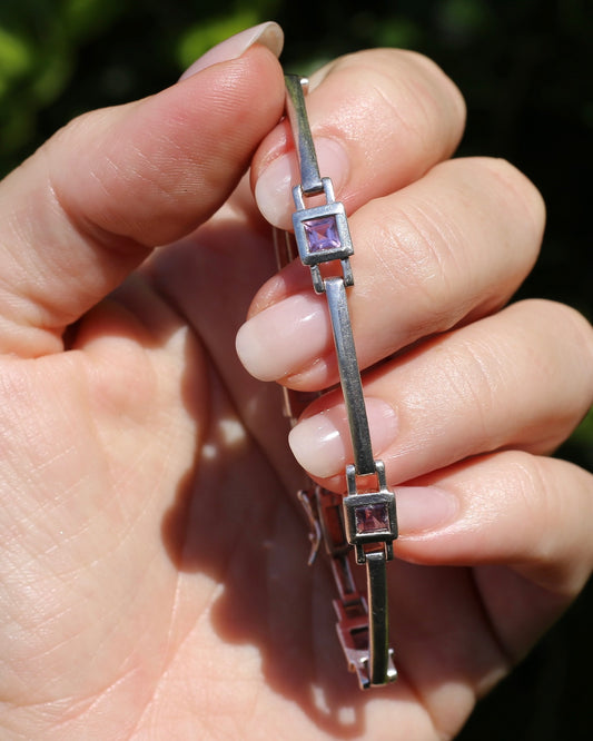 Bezel Set Amethyst Silver Bracelet with Double Safety Clasp, 12.2g
