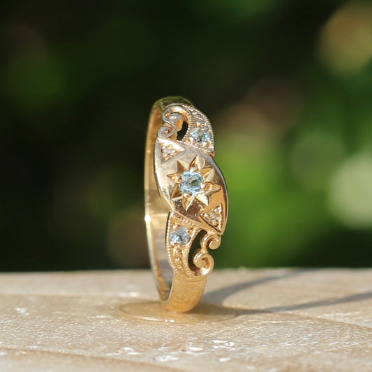 Vintage Blue Topaz Blue Zircon and Diamond Star Set Gypsy Style Ring, 9ct Yellow Gold, size O1/2 or just over 7.25