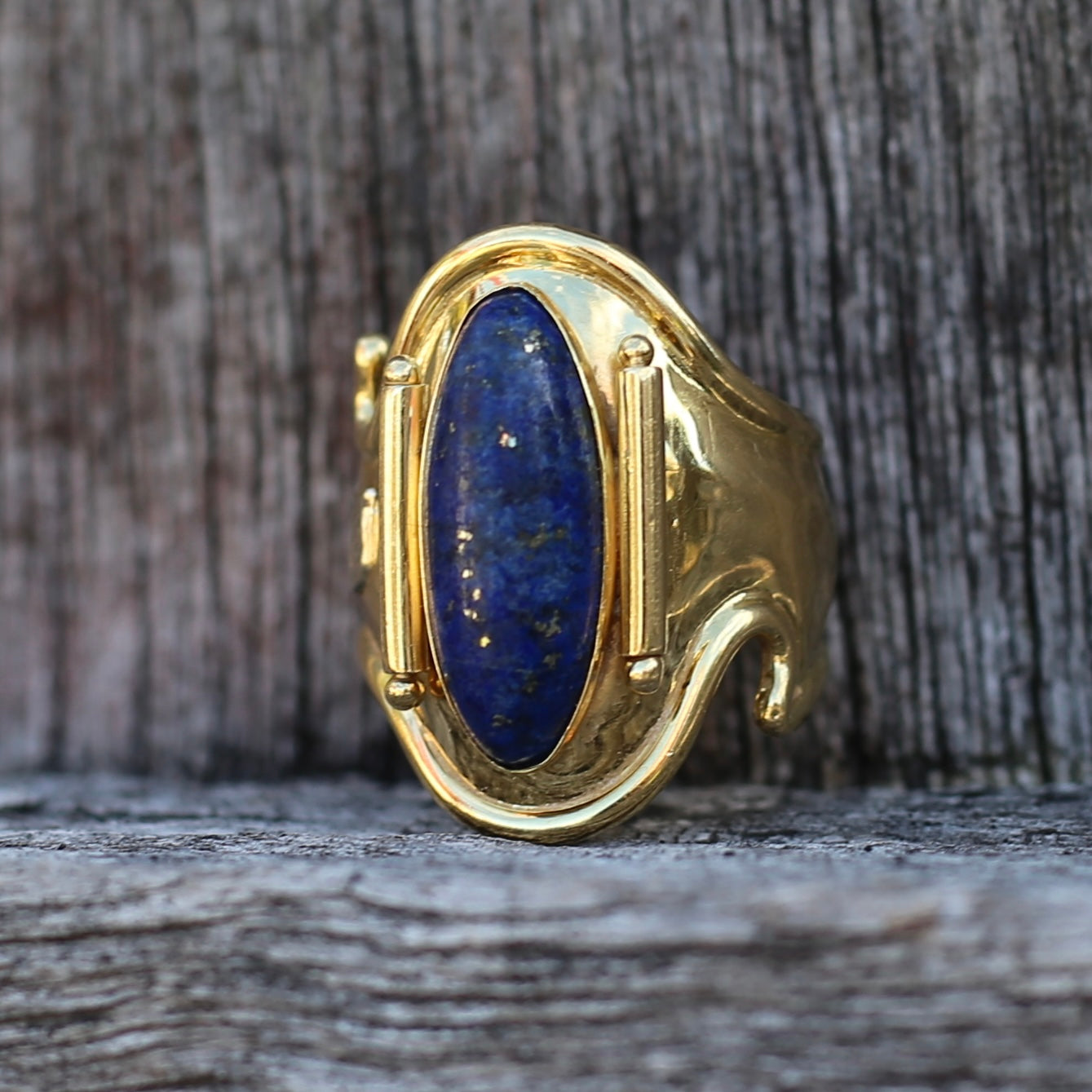 18ct Gold and Lapis Lazuli Cabochon Cuff Ring, size O but sizeable