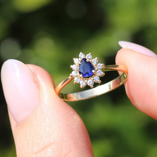 Pear Shaped Sapphire with Halo, 14ct and 18ct Yellow Gold, size 7 or just under O