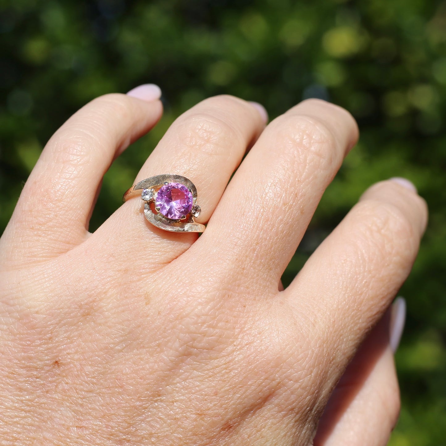 Asymmetric Pink Sapphire and White Spinel Dress Ring, 10ct Yellow Gold, size  N or 6.75