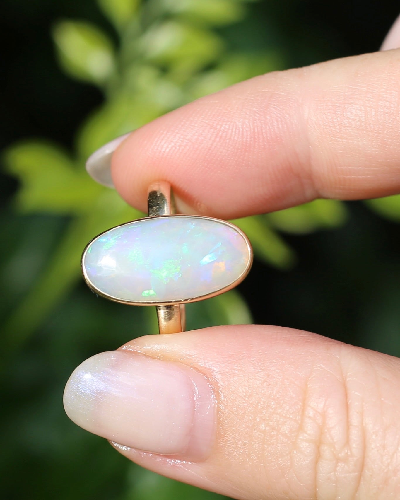 Crystal Opal Cabochon, Low Profile, in Bezel Set 9ct Yellow Gold, size T1/2 or 9.75