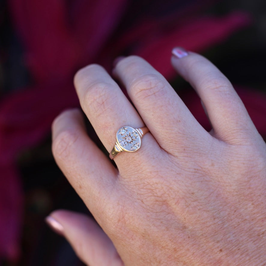 Early Australian Joseph Lawrence Signet Ring, Star Set with 5 Old Cut Diamonds, size T or 9.5