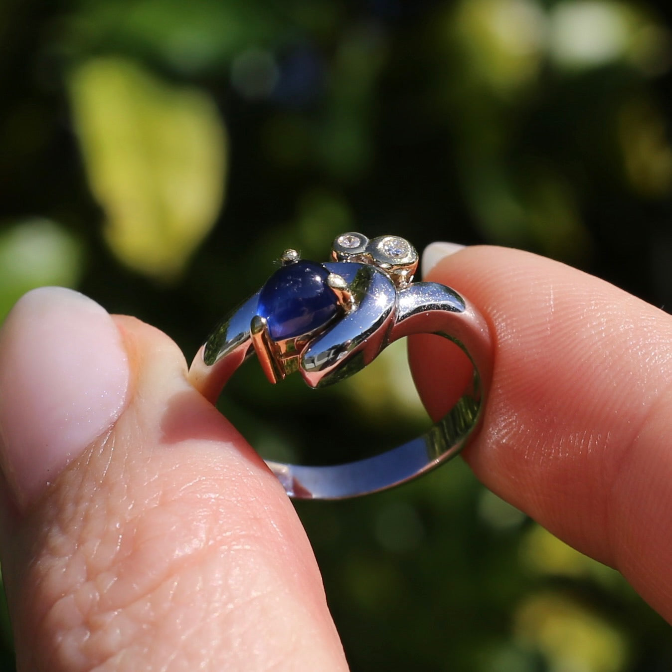 Chunky Asymetrical Mixed Metal Pear Sapphire Cabochon and Diamond ring, 18ct Yellow and White Gold, size 7.5 or just over O1/2