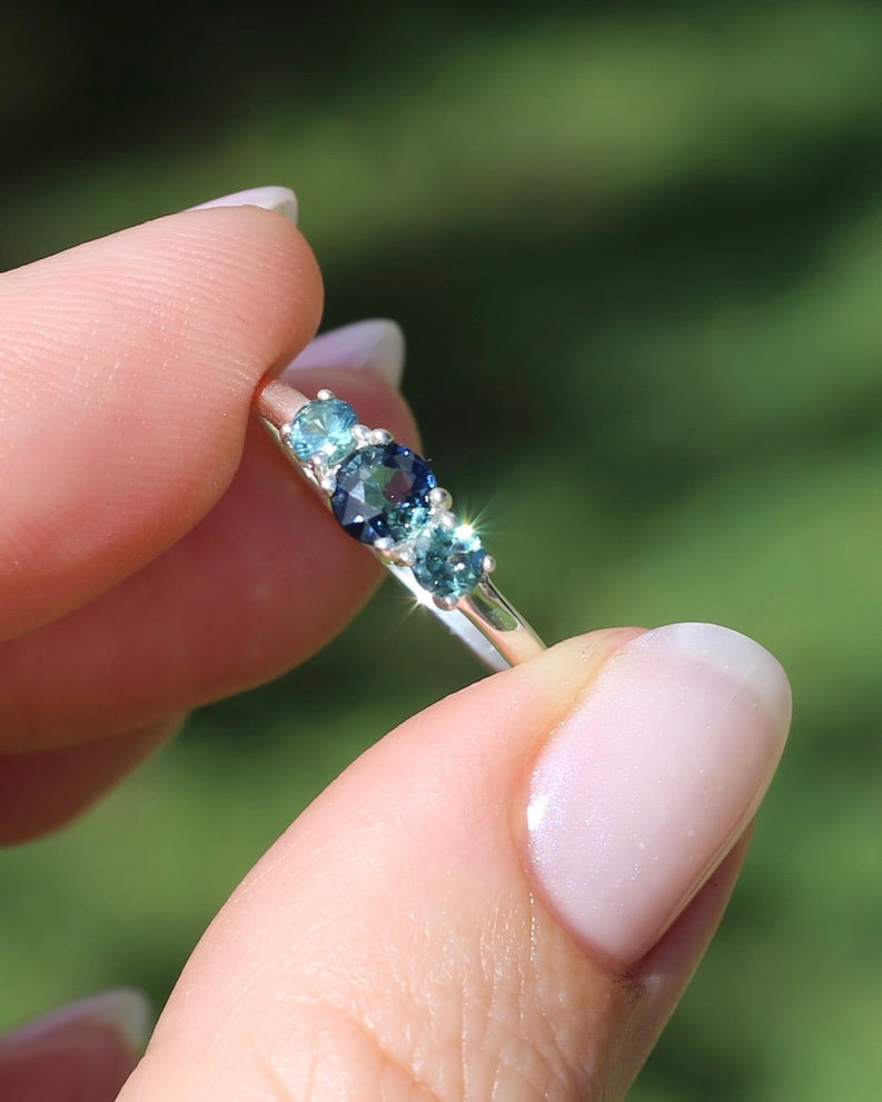 0.85ct Natural Parti Sapphire Trilogy Ring, Sterling Silver, size Q or 8.25, 1.98g