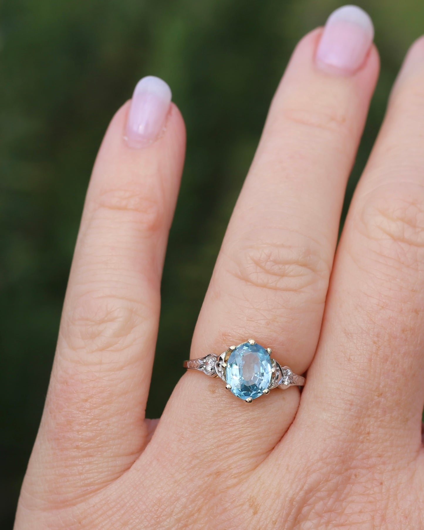 Circa 1930s Art Deco Blue Zircon and Diamond Ring, 18ct size just over M1/2 or 6.5, 2.80g