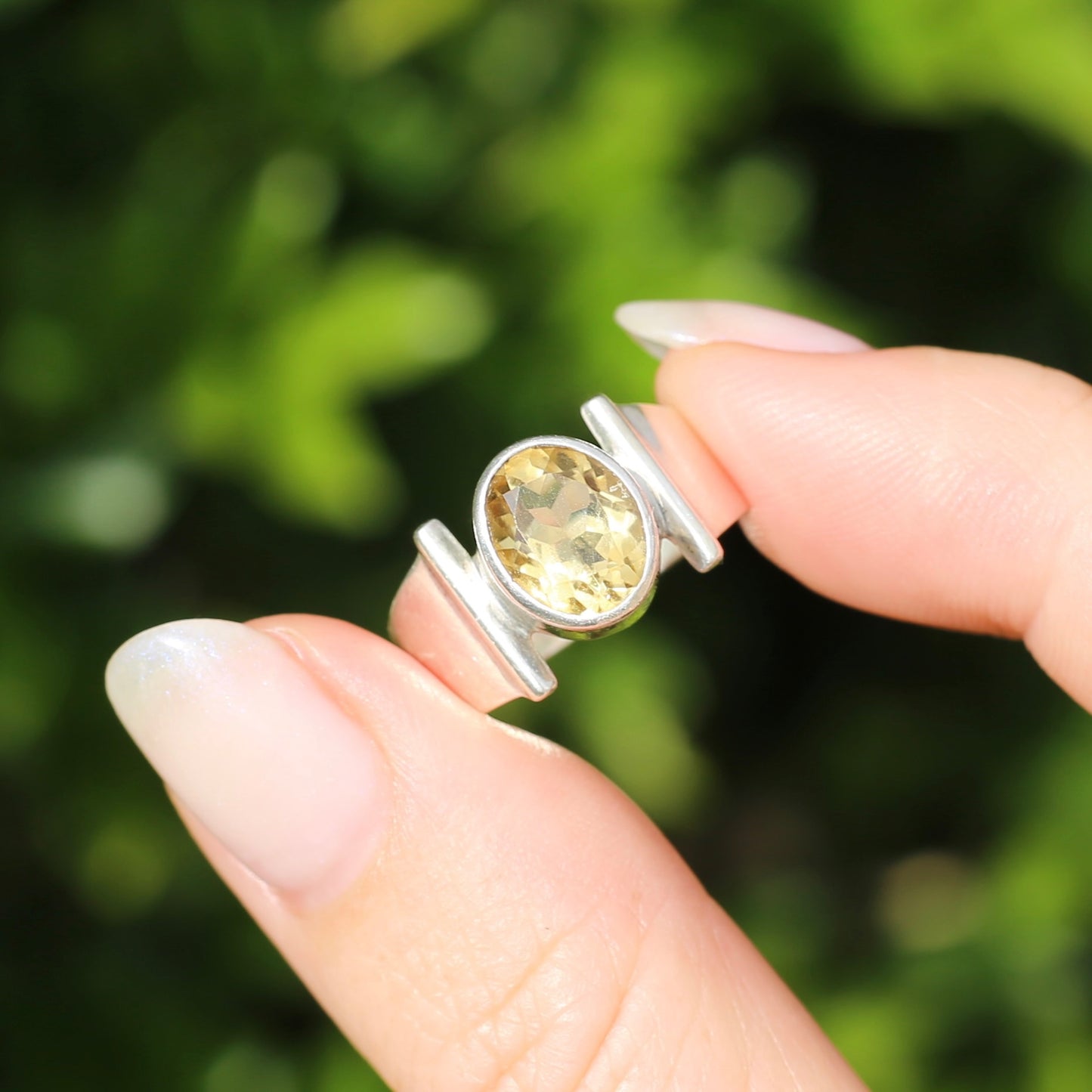 Bezel Set Oval Citrine Ring with Bar Shoulders, Sterling Silver, fits like size R