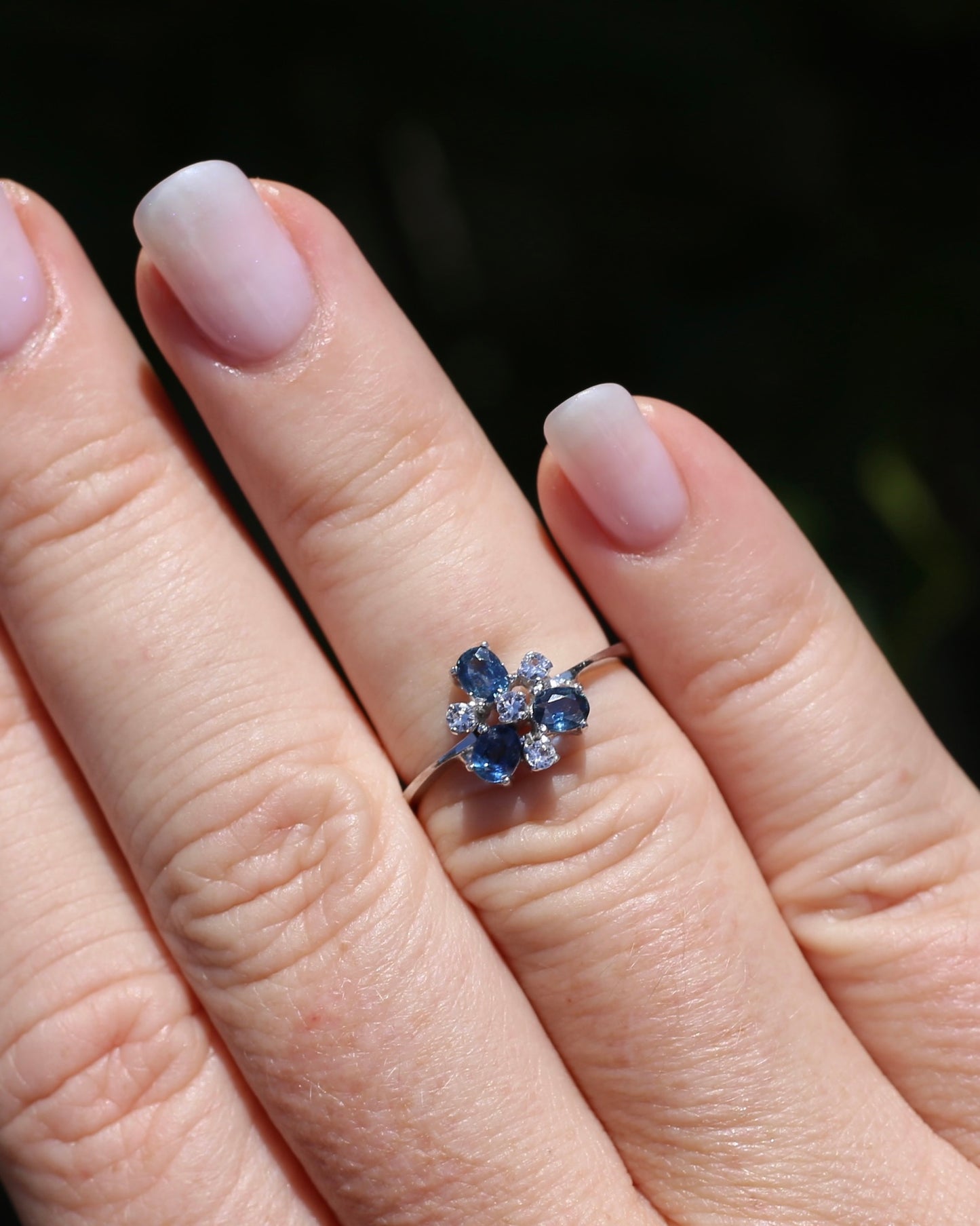 Vintage Parti Sapphire and White Quartz Cluster Ring, 9ct White Gold, size M or just over 6, 1.7g