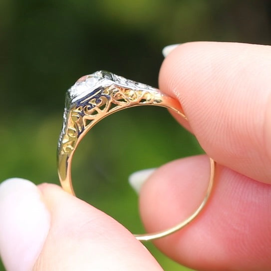 Antique Circa 1915 Old European Cut Solitaire, 18ct White and Yellow Gold, size M1/2 or 6.5