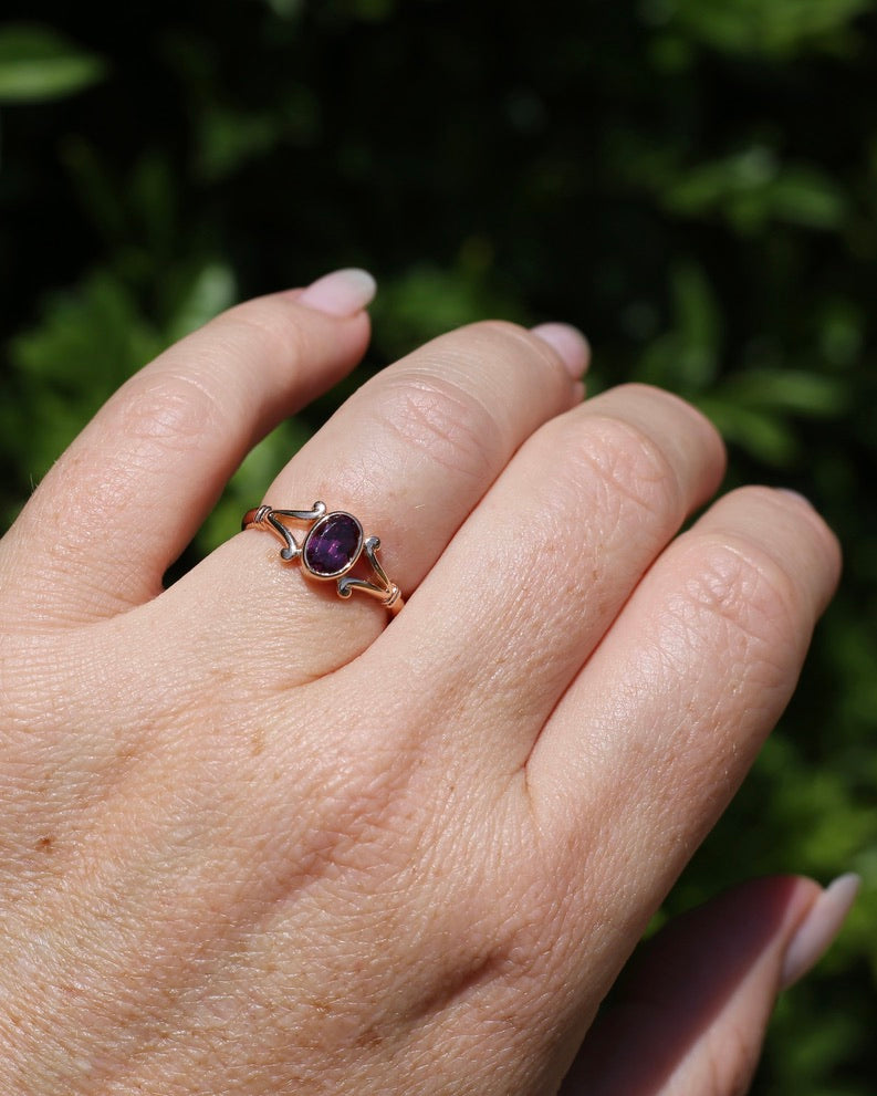 1996 Australian Made Bezel Set Rhodolite Garnet, 9ct Rose Gold, size O or just over 7, 2.60g