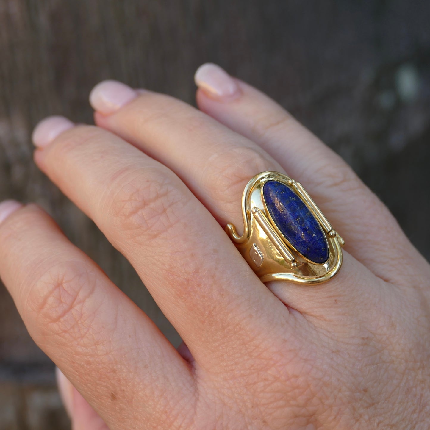 18ct Gold and Lapis Lazuli Cabochon Cuff Ring, size O but sizeable