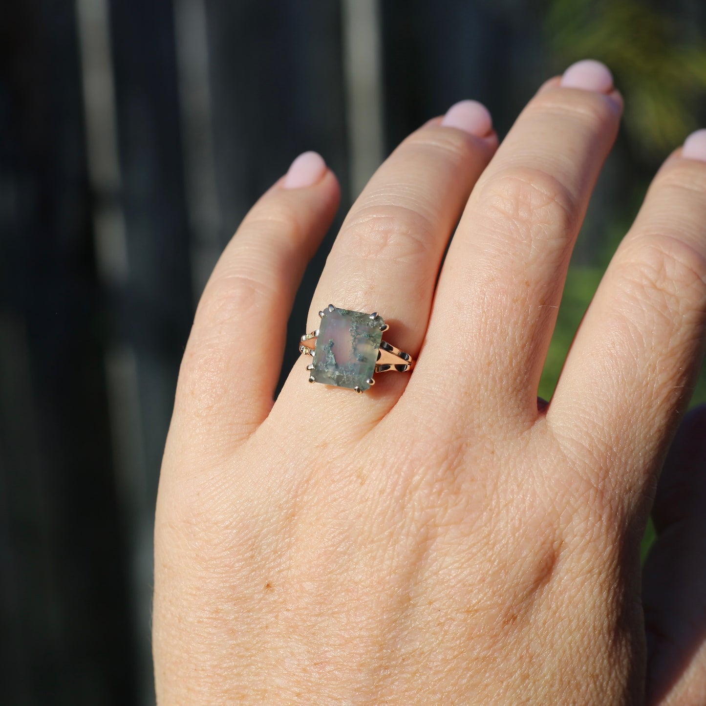 4.95ct Emerald Cut Moss Agate Ring with Fabulous Double Claws, 9ct Older Rosey Gold, size N1/2 or 6.75