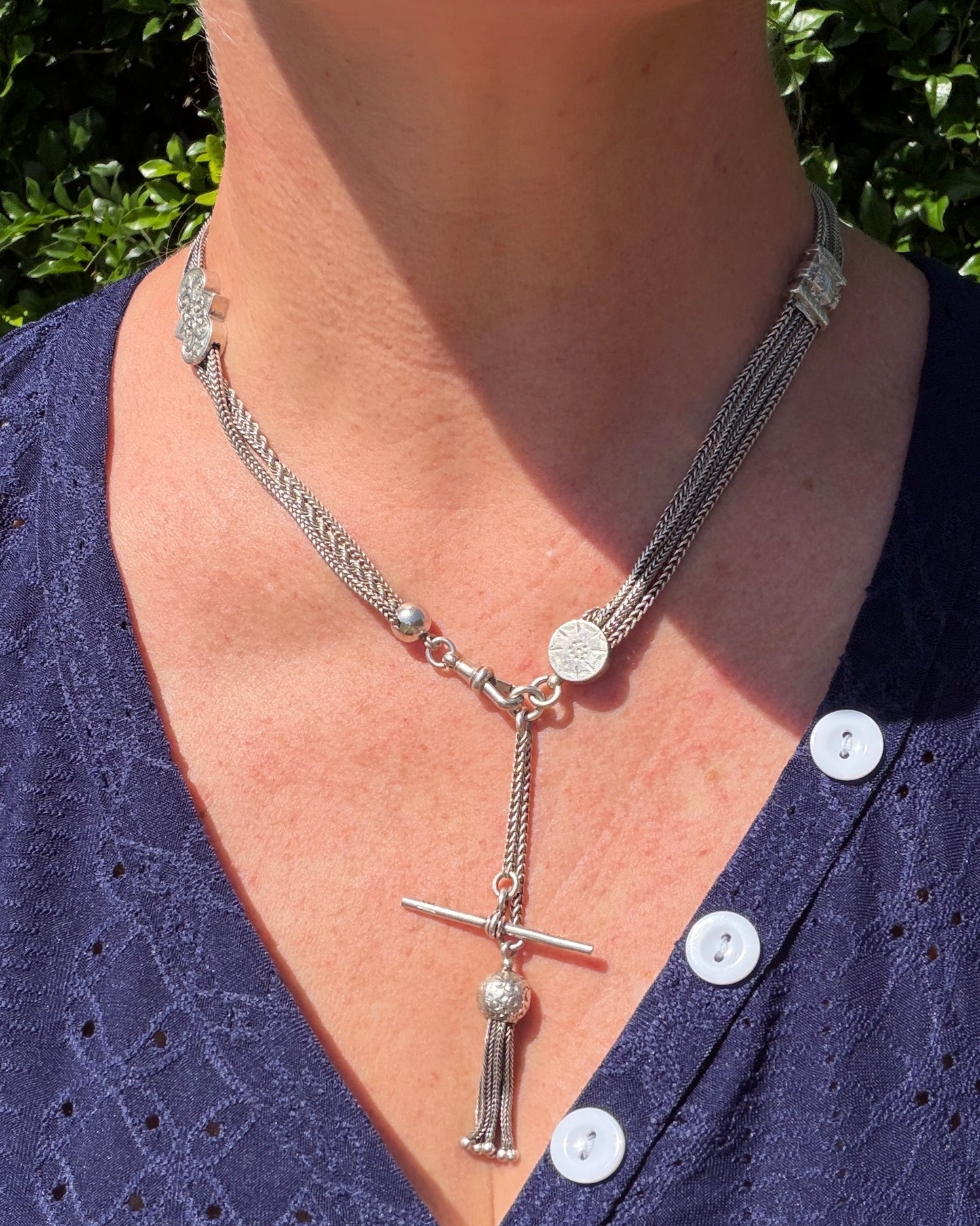 Antique 1901 Double Albertina Necklace with T-bar and Tassel, Sterling Silver, 43.75g