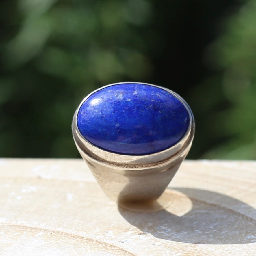 Large Lapis Cabochon in Silver Bezel Setting, size P1/2 or just under 8