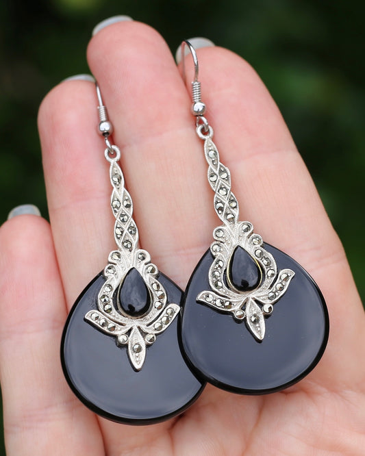 Vintage Onyx and Marcasite Silver Earrings, 13.8g
