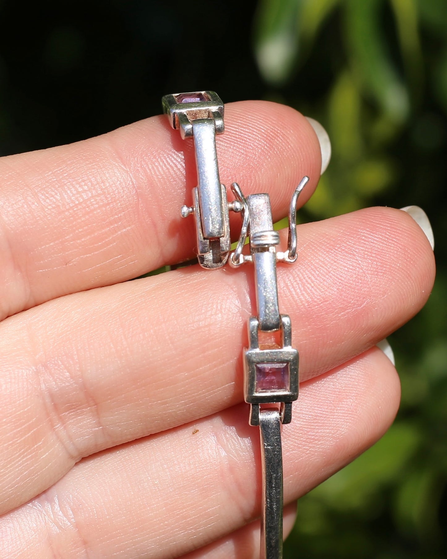 Bezel Set Amethyst Silver Bracelet with Double Safety Clasp, 12.2g
