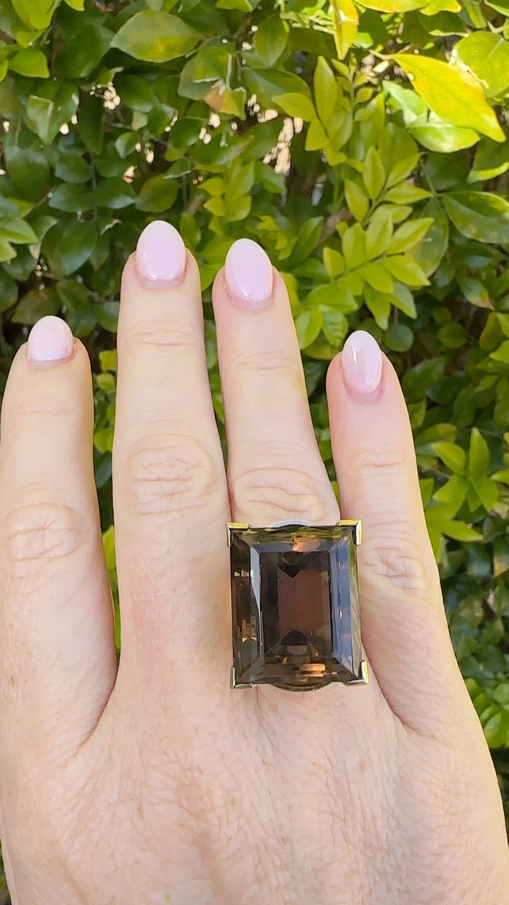 Mid Century 36ct Princess Cut Smoky Quartz Cocktail Ring, 9ct Yellow Gold, size N1/2 or 6.75