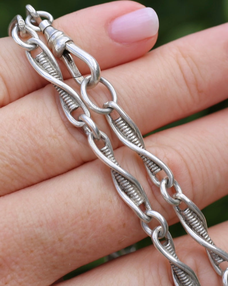 Vintage/ Vintique Fancy Link Single Swivel Albert Clasp Chain, Sterling Silver, 52cm or 20.5 inches, 30.0g