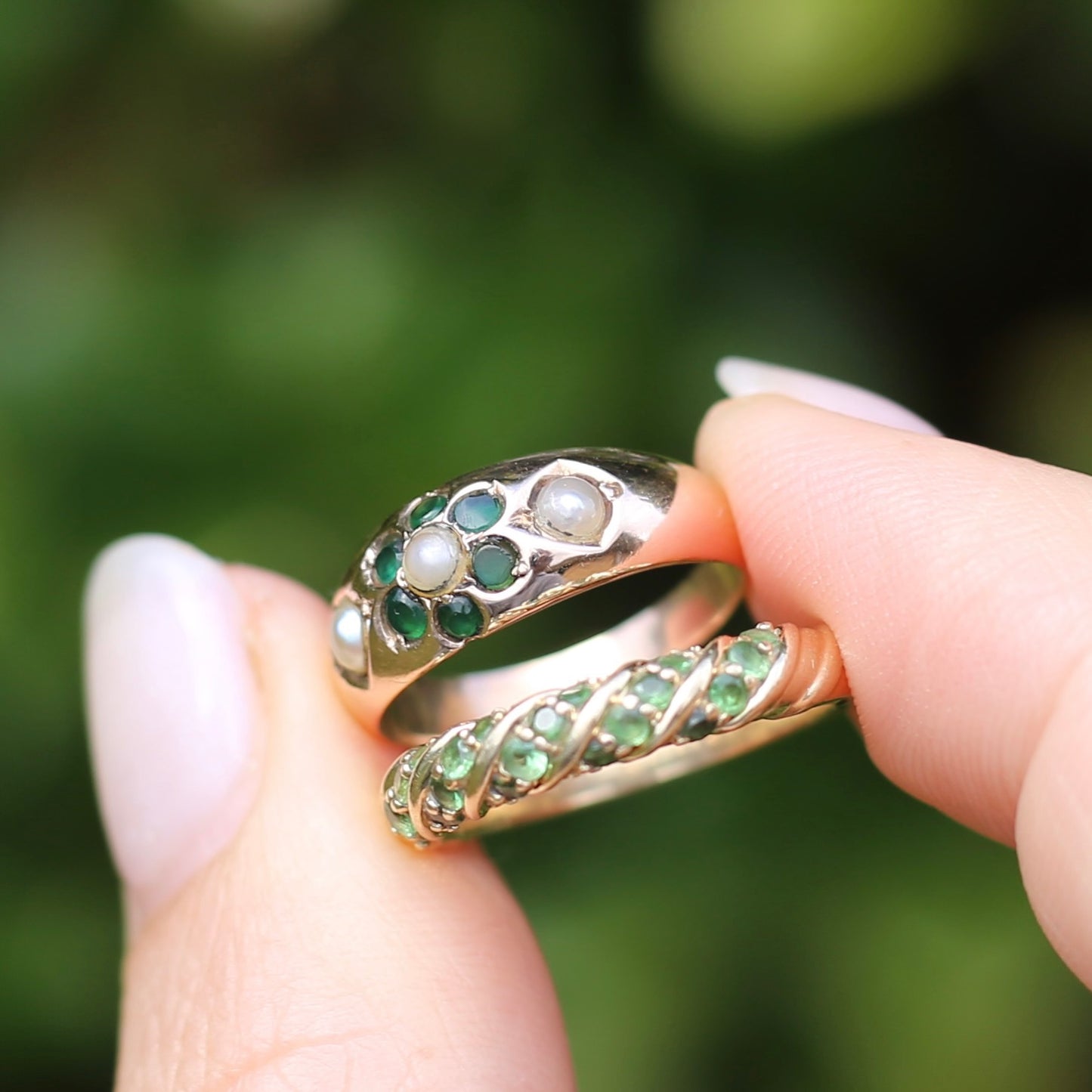 On hold Green Chrome Diopside or Garnet Rope Set Ring, 9ct Yellow Gold, size N or 6.75