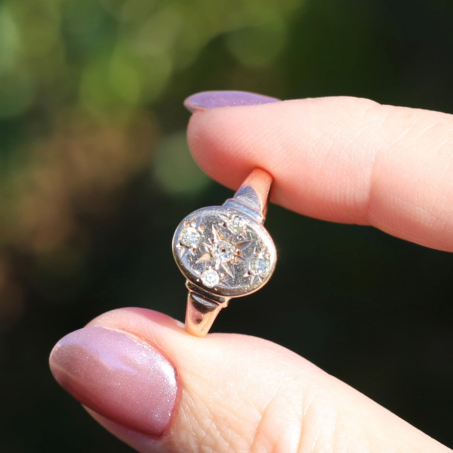 Early Australian Joseph Lawrence Signet Ring, Star Set with 5 Old Cut Diamonds, size T or 9.5