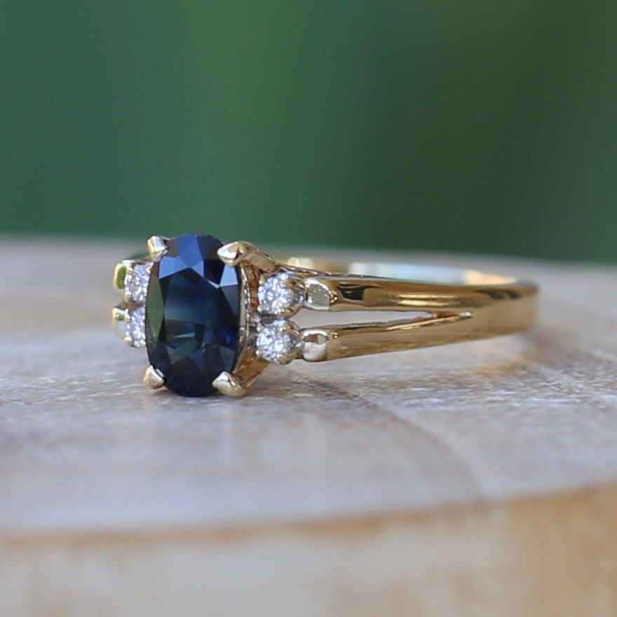 Oval Natural Blue Sapphire with Diamonds, Art Deco Feel Ring, 14ct Yellow Gold, size N or 6.75