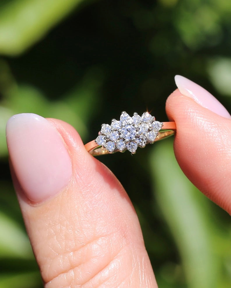 1991 London Made Diamond Cluster Ring, 9ct Yellow and White Gold, size J or 4.75, 2.2g