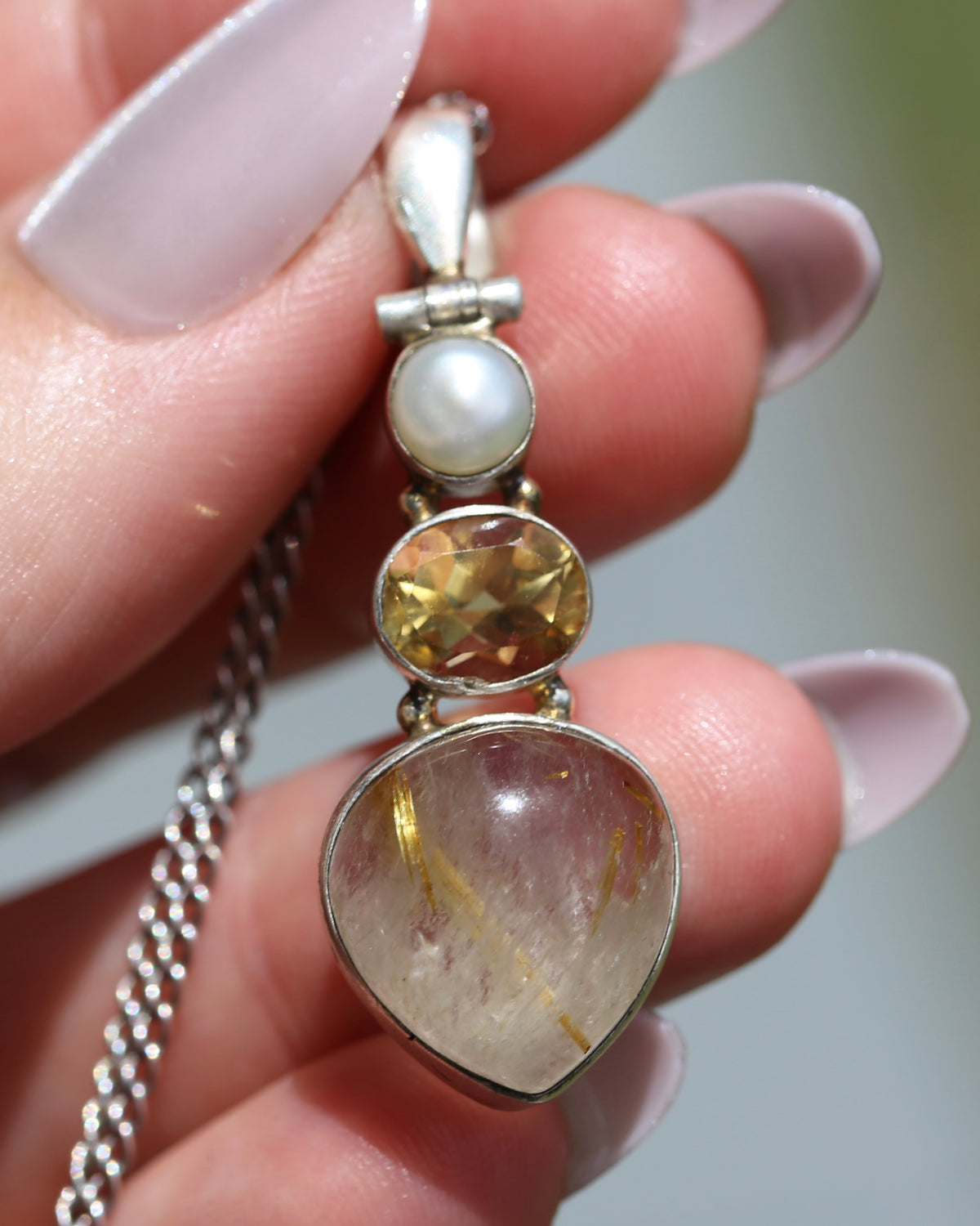 Freshwater Pearl, Citrine and Rutilated Quartz Cabochon Pendant, Sterling Silver, 6.0g