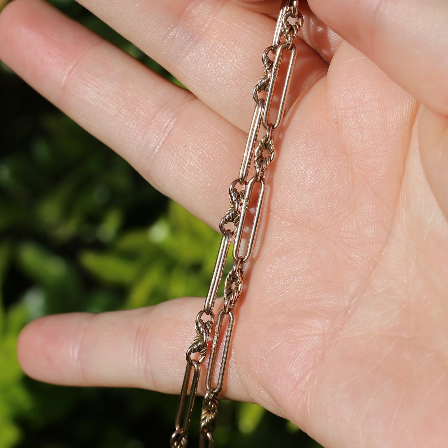 Old Rosey Gold Fancy Link Watch Chain with sliding T-bar and Spinning Fob, 9ct Old Rosey Gold, 19.63g