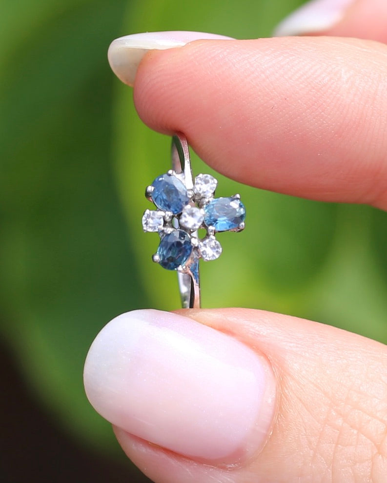 Vintage Parti Sapphire and White Quartz Cluster Ring, 9ct White Gold, size M or just over 6, 1.7g