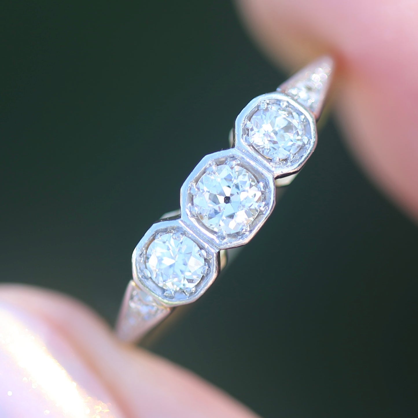 1930s Old and Transitional Cut Diamond Trilogy, 18ct Yellow and White Gold, size N or 6.75