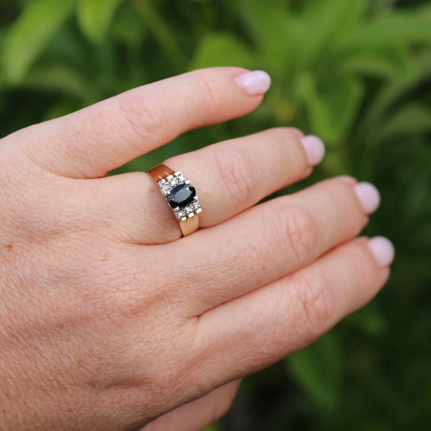 0.95ct Green Tourmaline and Diamond High Set Ring, 9ct White and Yellow Gold, size O or just over 7