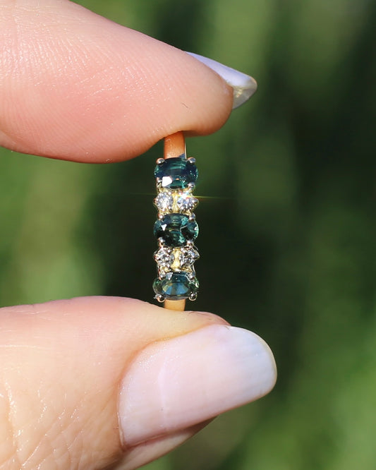 Natural Green and Teal Sapphire Trilogy with 4 Natural Diamonds, size M1/2 or 6.5, 1.31g