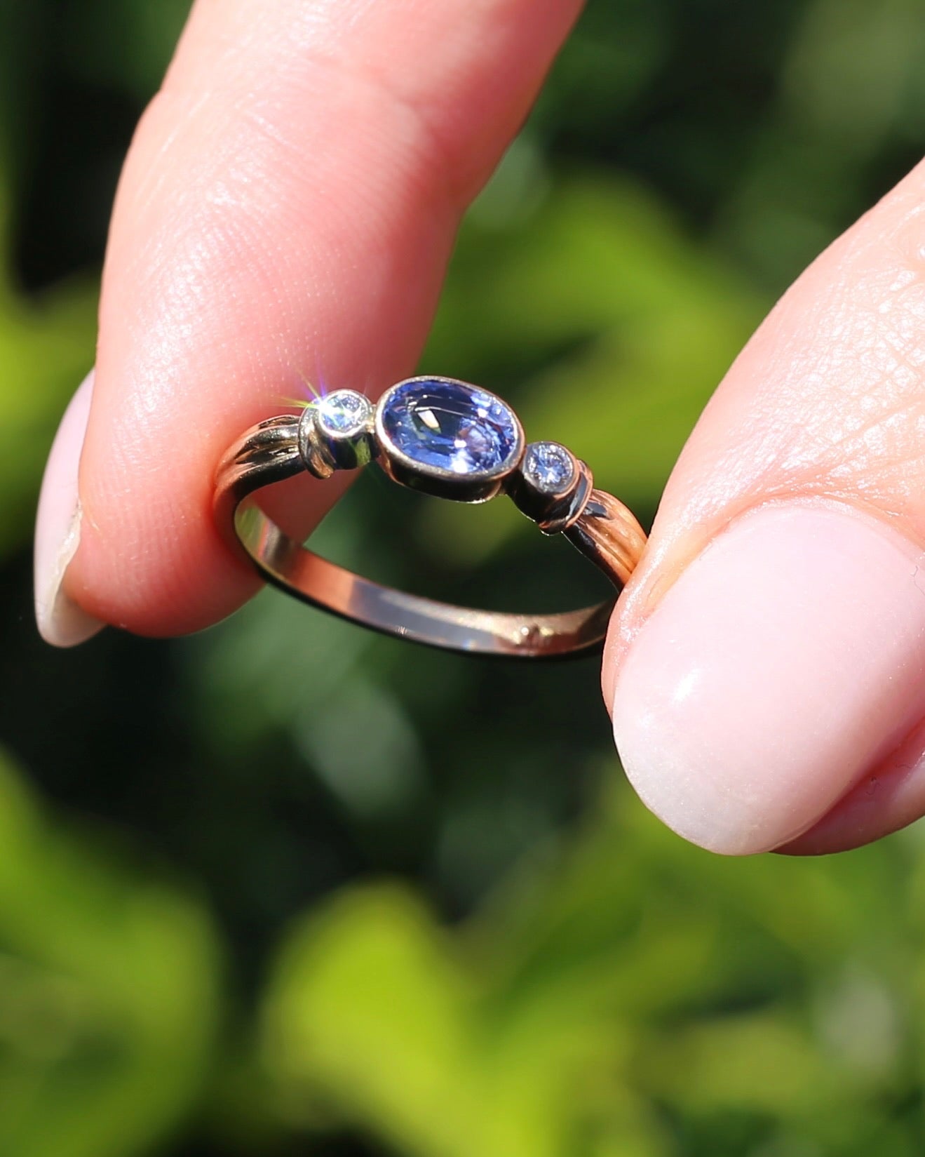 Vintage Bezel Set Cornflower Blue Sapphire and Diamond Ring, 9ct Yellow Gold, size O or 7.25