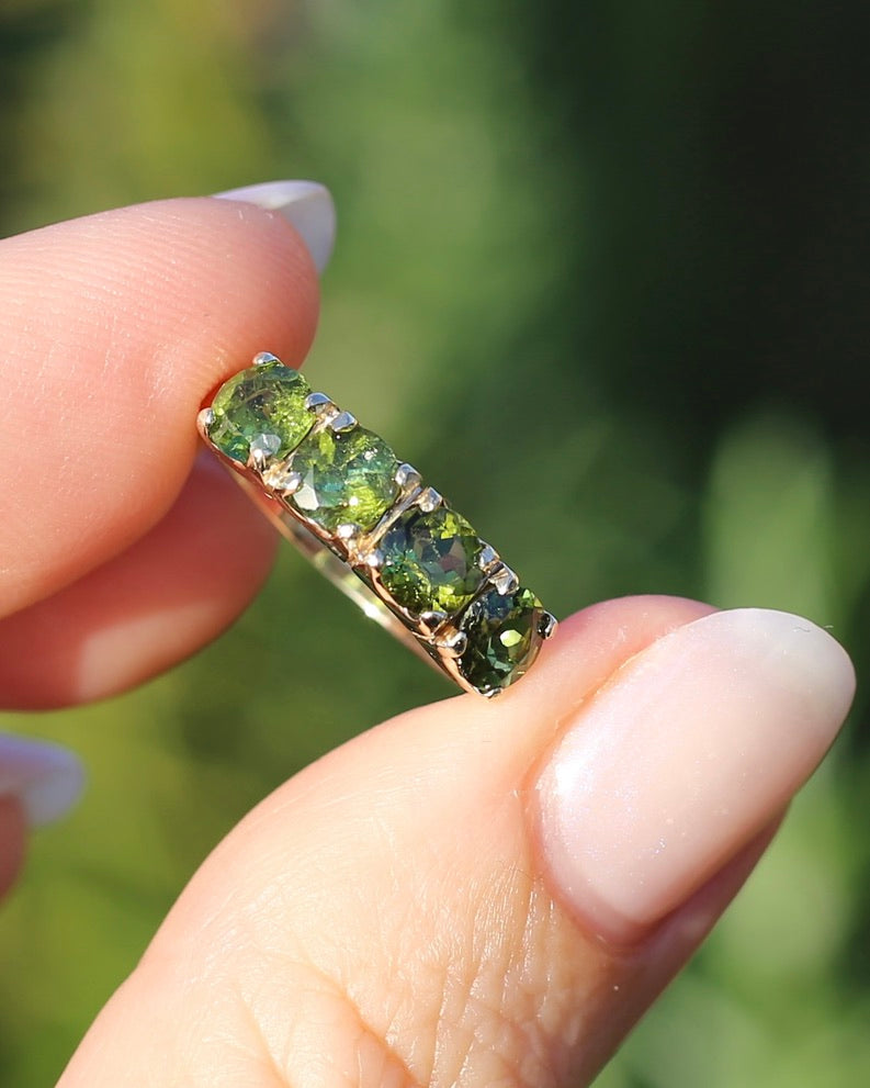1.75ct Four Stone Natural Green Tourmaline Ring, 9ct Yellow Gold, size N1/2 or just over 6.75, 2.37g