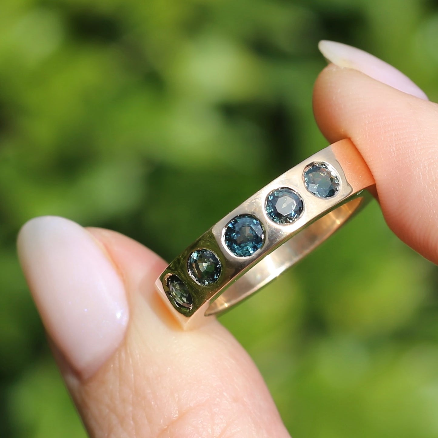 Custom Reclaimed Gold Chunky 9ct Rings with 4mm Parti Sapphires