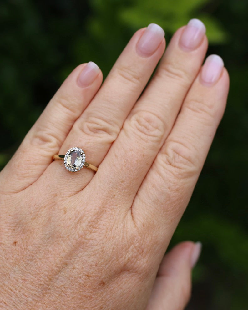 1.2ct Unheated Natural Golden Tanzanite in Diamond Halo, 10ct Yellow Gold, size O1/2 or just over 7.25, 3.0g